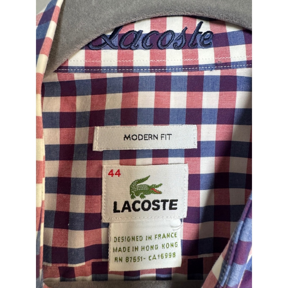 Lacoste Mens Modern Fit Gingham Check Button Down Shirt Red Navy White Size 44 - Picture 2 of 7